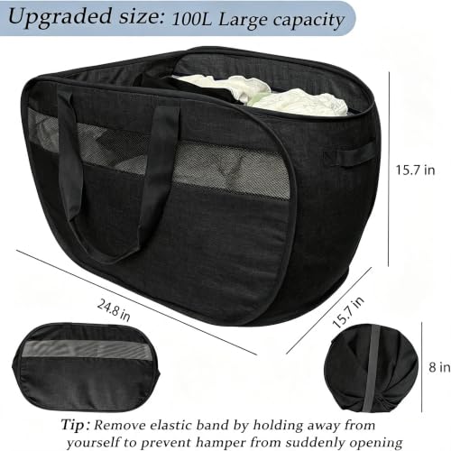 100L Extra Large Durable Collapsible Laundry Baskets, Black, 2‑Pack - color: Black * 2