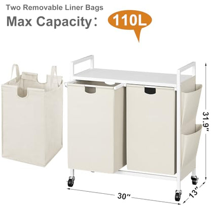 WOWLIVE Double Laundry Hamper with Wheels, Rolling Laundry Basket Organizer - color: White, size: 110l (30.0 x 13 x 32 Inches)