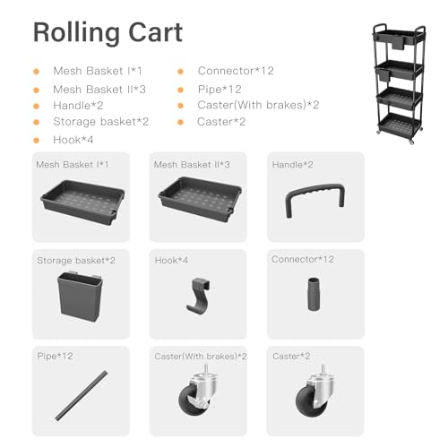 4 Tier Rolling Utility Cart with Handle,REBECAT Utility Cart Made of Multifunctional Storage Organizer Tool for Kitchen,Bathroom,Living Room,Office(Black) - color: Black