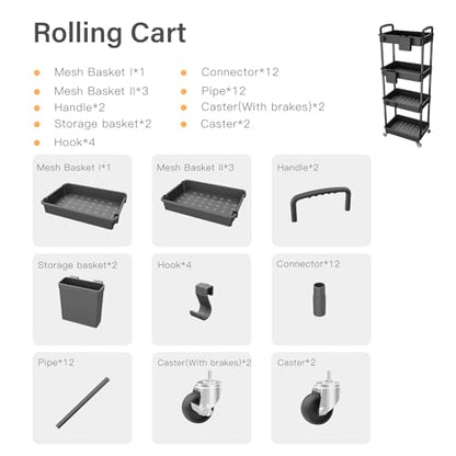 4 Tier Rolling Utility Cart with Handle,REBECAT Utility Cart Made of Multifunctional Storage Organizer Tool for Kitchen,Bathroom,Living Room,Office(Black) - color: Black