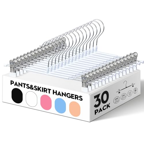HUADYMEET 12 Inch Heavy Duty Pants Skirt Hangers with Clips,White,30 Pack - color: White, size: 12 Inch