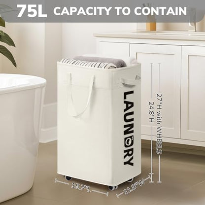 Goodpick 2-Pack Laundry Hamper with Wheels & Wash Bag for College Dorm, 75L - color: White 2-Pack