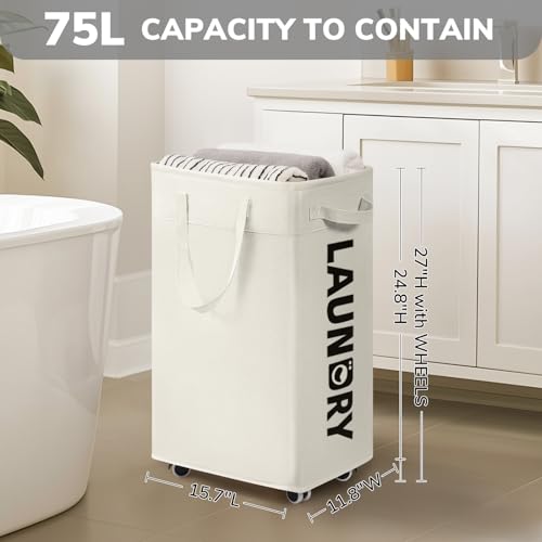 CHICVITA 75L Laundry Basket with Wheels & Handle 2-Pack, Wash Bags, White - color: White, size: 2-Pack 75L (15.7"L x 11.8"W x 24.8"H)