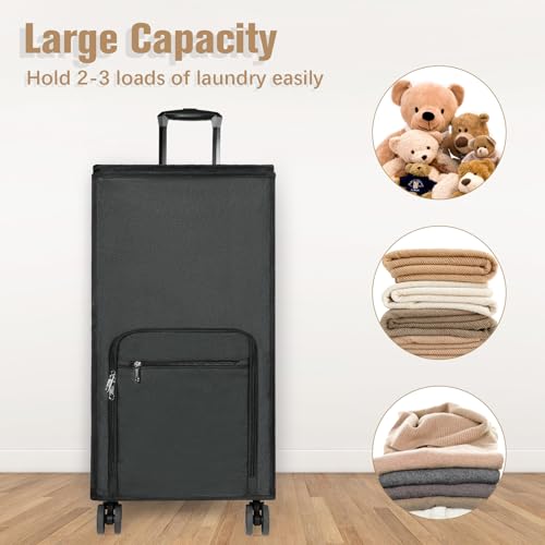 Bukere Extra Large Rolling Laundry Basket with Removable Wheels & Zipper Lid, Freestanding Laundry Hamper, Collapsible bag for Clothes Storage, Wheeled Cart for College Dorm Apartment Laundry Room - color: Darkgray
