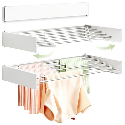 BOQORAD Clothes Drying Rack Wall Mounted 32“,Drying Rack Clothing Wall Mount,Laundry Drying Rack,Wall Mounted Clothes Hanging Rack (White) - color: White