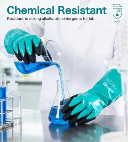 JDL Heavy-Duty Nitrile Chemical Gloves with Nylon Lining, Black Sandy Finish, Reusable Rubber Work Gloves, Acid/Alkali/Oil Protection, Non-Slip, Large - size: Large