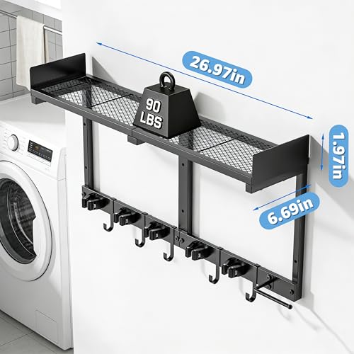 27" Mop and Broom Holder Wall Mount with Top Storage Shelf & Hooks,Black - color: Black, size: Large