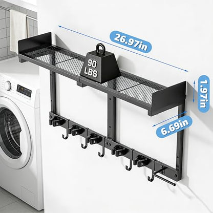 27" Mop and Broom Holder Wall Mount with Top Storage Shelf & Hooks,Black - color: Black, size: Large