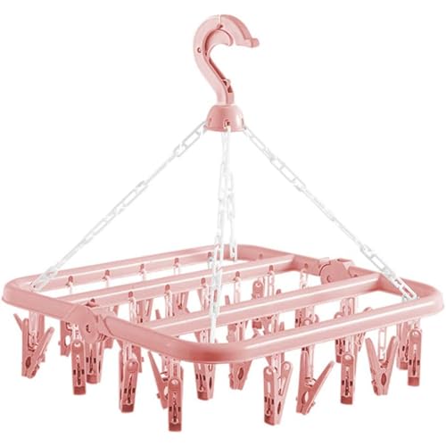 Clothes Drying Hanger with 32 Clips and Drip Foldable Hanging Rack (Light Pink) - color: Light Pink