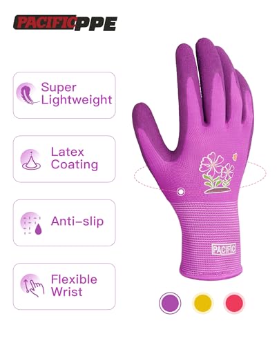 PACIFIC PPE 6 Pairs Gardening Gloves for women, Rubber Coated Garden Gloves, Ladies Yard Work Gloves, Breathable, Purple & Yellow & Red, Small - color: Purple+yellow+red, size: Small (Pack of 6)