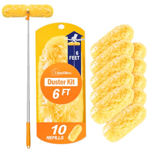 TidyBliss 6 ft Extendable Dusters for Cleaning Compatible with Swiffer, 10 Refills - color: Orange
