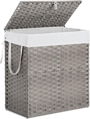 Laundry Basket with Lid, 110 L Large Capacity Hamper, Rattan Laundry Basket with Compartments & Handles, Foldable, Removable Liner, Dove Gray - color: Dove Gray, size: 110 L