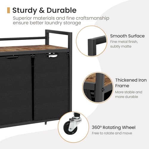 SwaaVee Laundry Sorter, Laundry Hamper with Wooden Top Shelf, 2×14.5Gal(110L), Metal Frame laundry basket with wheels, Pull out and Removable Laundry Bags, 2 Bags-Black - color: Black