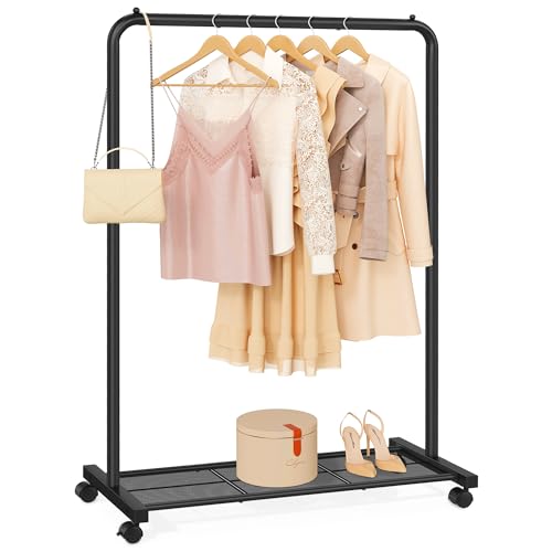 SONGMICS Clothes Rack with Wheels, Metal Garment Rack, Mesh Storage Shelf - color: Black, style: Single Rod