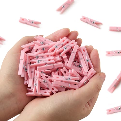 100 Pcs Baby Shower Clothespins 1.4 Inch Pink Mini Plastic Clothes pins with 33 Ft Jute Twine, Small Tiny Clothes Pins for Girl Baby Shower Games, DIY Crafts Photos Decorations - color: Pink