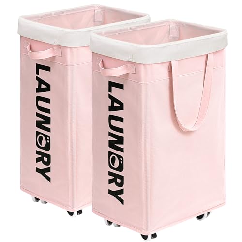 Goodpick 2-Pack Laundry Hamper with Wheels, Dorm Essentials for Girls,75L - color: Pink 2-Pack