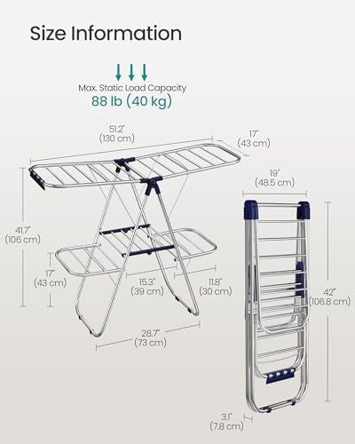 SONGMICS Clothes Drying Rack, Foldable Metal Airer, 51.2 x 19.3 x 61.8 in - color: Blue, size: 51.2"W x 41.7"/47.6"H