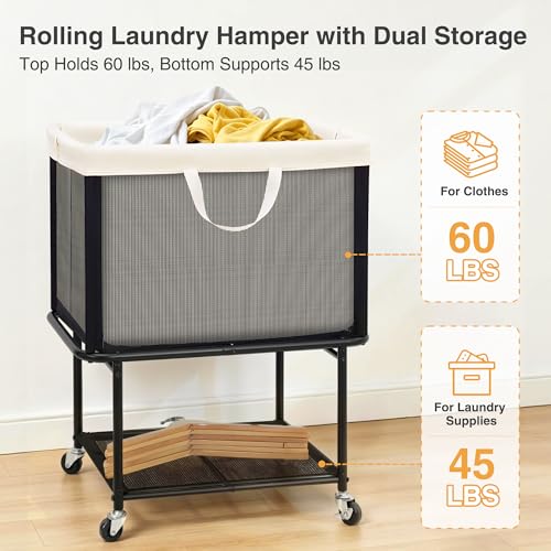 STO STO Rolling Laundry Hamper with Lockable Wheels, 29-Gallon (110L) Laundry Cart with Removable Canvas Bag, 2-Tier Clothes Basket Hamper with Shelf for Closet, Bedroom, Bathroom, Laundry Room, Beige - color: Beige