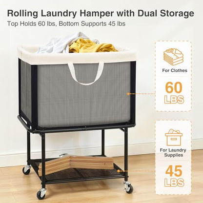 STO STO Rolling Laundry Hamper with Lockable Wheels, 29-Gallon (110L) Laundry Cart with Removable Canvas Bag, 2-Tier Clothes Basket Hamper with Shelf for Closet, Bedroom, Bathroom, Laundry Room, Beige - color: Beige