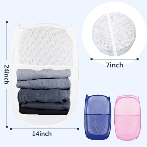Pop Up Laundry Hamper, Mesh Laundry Basket Collapsible, Foldable Hamper for Travel and Storage, 3 Pack (White+Pink+Blue) - color: 3P White+Pink+Blue
