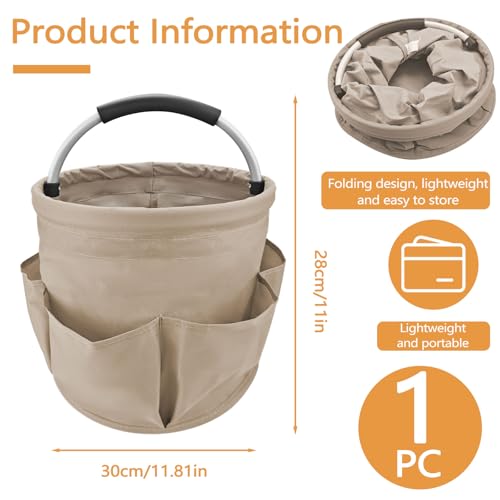 Khaki 17 L Picnic Garden Tool Bag with 6 Pockets, Foldable Bucket Organizer for Storage Camping Home Cleaning Products, Portable Garden Caddy Tote with Handle Harvest Basket (Khaki) - color: Khaki