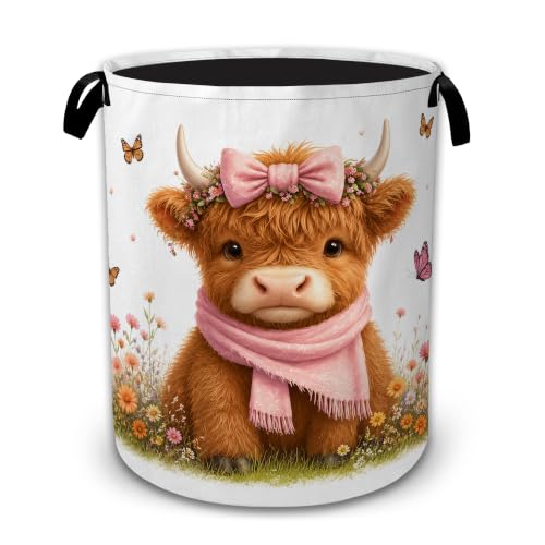 Cute Highland Cow Bow Collapsible Laundry Hamper for Bedroom, Freestanding Oxford Clothes Basket, Large Foldable Storage Bin with Easy-Carry Handles for Bathroom Dorm Laundry Room - color: Cute Highland Cow Bow