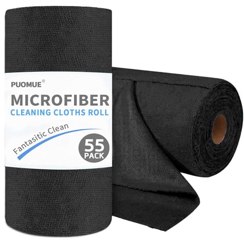 Puomue 55 Pack Microfiber Cleaning Cloth Roll, Tear Away Reusable Paper Towels, 11" x 9", Ultra Absorbent & Lint Free Microfiber Cloth for Cleaning Cars, Kitchen, Window, Home and Shop, Black - color: Black, size: 9”x11”-55PK