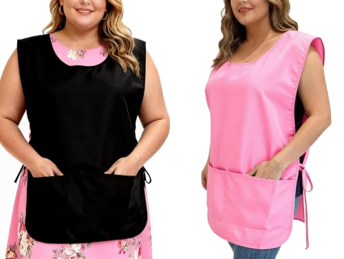Large Smock Cobbler Apron for Men & Women, Adjustable Side Ties & 2 Pockets - color: Black+pink