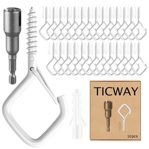50 Pcs Outdoor Hooks for String Lights,Screw Hooks for Hanging Plants,Ceiling Hooks with Safety Buckle,Square Hanger for Wind Chimes,Bird Feeder,Lanterns,Christmas Decorations (White) - color: White, size: 50