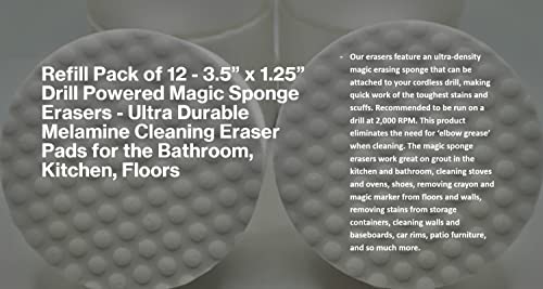 Refill Pack of 12 Drill Powered 3.5” Magic Sponge Erasers - size: Round 3.5" x 1.25" Thick