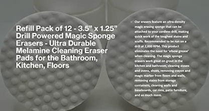 Refill Pack of 12 Drill Powered 3.5” Magic Sponge Erasers - size: Round 3.5" x 1.25" Thick