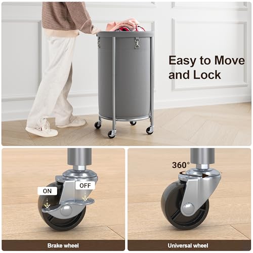 ELYKEN Laundry Basket with Wheels, Round Rolling Laundry Hamper, Gray - color: Gray, size: 110L