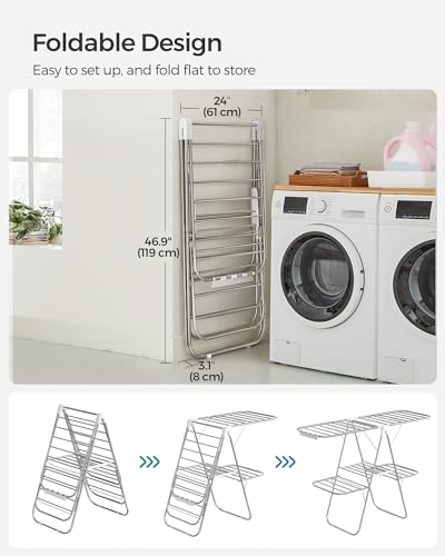 SONGMICS Clothes Drying Rack, Foldable 2-Level Stee Laundry Drying Rack - color: Silver + White, size: 2 Tiers（22"d x 61.8"w x 64.3''h )