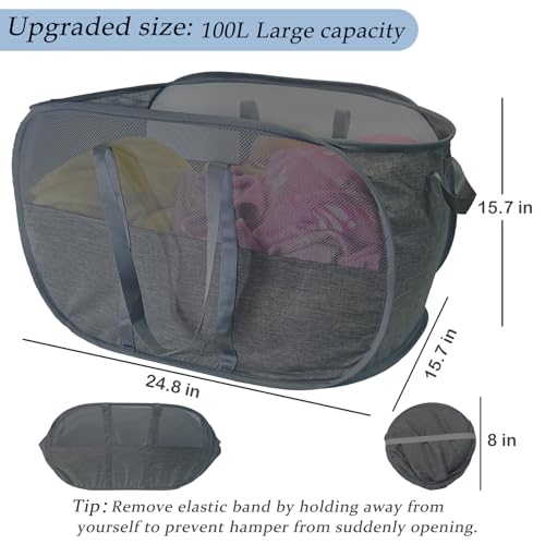 Upgraded 100L Collapsible Laundry Basket, Extra Large Mesh Pop Up Laundry Hamper, Dirty Clothes Hamper with long Handles, Pop-up Hampers for Laundry Travel. Dorm or Home Portable Laundry Basket. Black - color: Black
