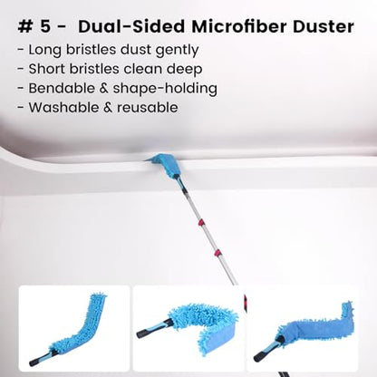 Ceiling Fan Duster Kit with 24 FT Telescoping Pole – 6-Piece Set – Screw-On Cobweb Duster & Squeegee Heads – Washable Bendable – 3/4" Universal Fit – House Cleaning Kit, Blue - size: 24ft+5PC-kit1