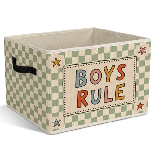 Boys Playroom Foldable Storage Bins with Handles, Boys Rule Quote Decorative Storage Basket for Organizing Clothes Tools Books, Green Preppy Checkered Gift for Nursery Playroom Bedroom - color: Boys Playroom