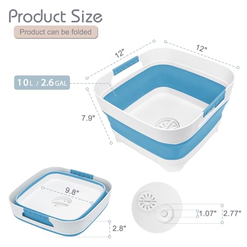 Collapsible Dish Basin with Drain Plug, 2.4 Gal 9L Foldable Wash Basin, Portable Sink Tub for Kitchen, Baby Bottles, Camping, RV, Vegetable Washing and Beverage Tub, Blue - color: Blue