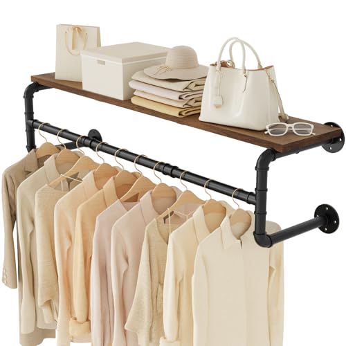 Yawinhe Industrial Pipe Clothing Rack with Shelves,Closet Rod,Rustic Brown - size: 41.33x10.23x10.23in