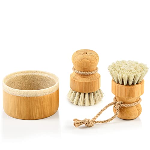 SUBEKYU Bamboo Dish Scrub Brush,Produce Brush,2 Pack with Holder - color: Sandstone Base + 2p Sisal Brushes, size: Regular size