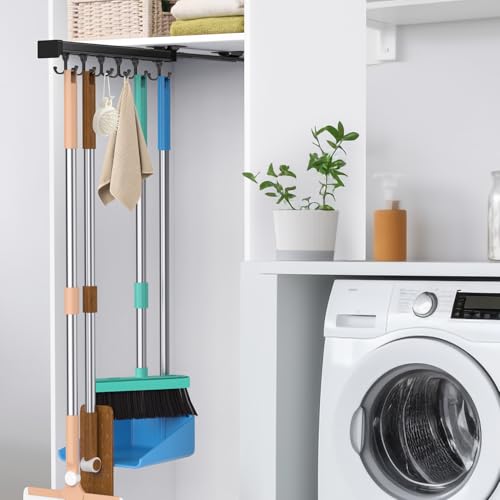Pull Out Broom Holder With Adjustable Double Row Sliding Hook-Black 14.17in - color: Black, size: 36cm/14.17inch