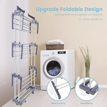 Heavy Duty Clothes Drying Rack, 4-Tier Foldable Laundry Drying Rack 70" Tall, Freestanding Stainless Steel Drying Rack with Collapsible Base & 24 Hanging Rods for Clothing, Bed Linens, Towels - Gray