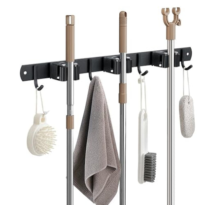 JAMEND CLXP Broom Hanger and Mop Holder, Heavy Duty Garden Tool Organizer Rack Rake and Shovel Handle, Stainless Steel Wall Mounted Utility Rack with Screws (3 Racks with 4 Hooks, Matte Black). - color: 1 Pack, size: 3R4H