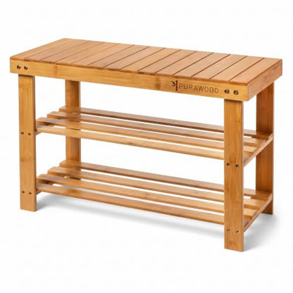 Purawood Bamboo 3 Tier Shoe Rack Bench, Premium Shoe Organizer or Entryway Bench, Perfect for Shoe Cubby, Entry Bench, Bathroom Bench, Entryway Organizer, Hallway or Living Room