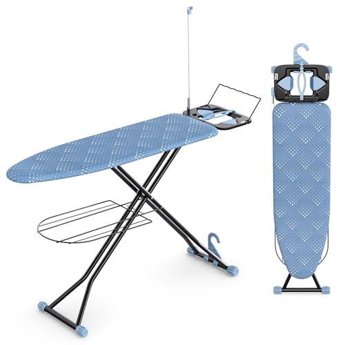 APEXCHASER Ironing Board, Compact Iron Board with Iron Rest and Hanger and Silicone Irons Harness, 7 Adjustable Heights & Extra Thick Cover, Folding Heavy Duty Ironing Board, Blue