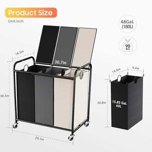 180L Laundry Sorter 3 Section, Rolling Laundry Basket with Wheels and Lid - color: Multicolored-3Sec, size: 47.55Gal