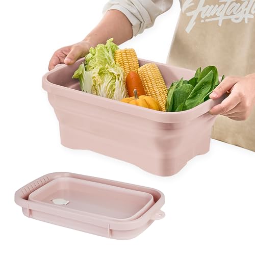 Collapsible Dish Pans, 2Gal (7.5L) Capacity, Plastic Dish Tub Dishpan for Kitchen Sink with Drainage Hole, Foldable Small Wash Basin for Kitchen, Camping, Travel (Pink) - color: Pink