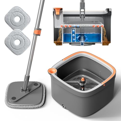 Spin Mop and Bucket Set with 2 Replaceable Microfiber Mop Pads with Self Separation Dirty and Clean Water System, Self Wringing 360° Rotating Square Mop Head for Hardwood Tile Marble Floors - color: Grey+orange+white, size: 1.0 Mop Bucket Set with 2 Pads