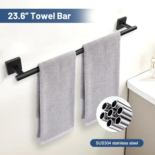 TURS 5-Pieces Matte Black Bathroom Hardware Set 23.6 Inch SUS304 Stainless Steel Towel Bar Set Wall Mounted Square Toilet Paper Holder with Shelf - color: Matte Black, size: 5-Pieces Set