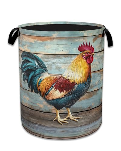 Rooster Laundry Basket,Foldable Oxford Cloth Vintage Wooden Board Laundry Hamper with Handles, 20.8"x16" Tote Bag Clothes Storage Bucket for Laundry Room/Bathroom/Bedroom/Dormitories - color: Rooster Vintage Wooden Board