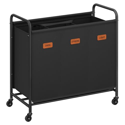 SONGMICS 3-Section Laundry Sorter, with Wheels, Removable Bags - color: Ink Black, size: 170 L